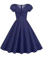 Vestido midi de fiesta informal con cuello en V y manga corta abombada de verano con estampado de puntos vintage elegante para mujer - details 5