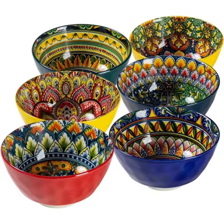 Ensaladeras de Cerámica Colorida 16x16x15cm, 6 Cuencos, 750ml Ideal para Muesli, Pasta, Ensalada, Sopa, Copos de Maíz Servicio de Desayuno, Cena Estilo Bohemio - 1
