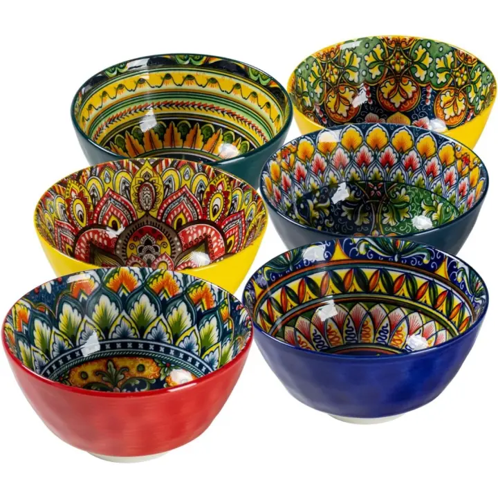 Ensaladeras de Cerámica Colorida 16x16x15cm, 6 Cuencos, 750ml Ideal para Muesli, Pasta, Ensalada, Sopa, Copos de Maíz Servicio de Desayuno, Cena Estilo Bohemio - 1