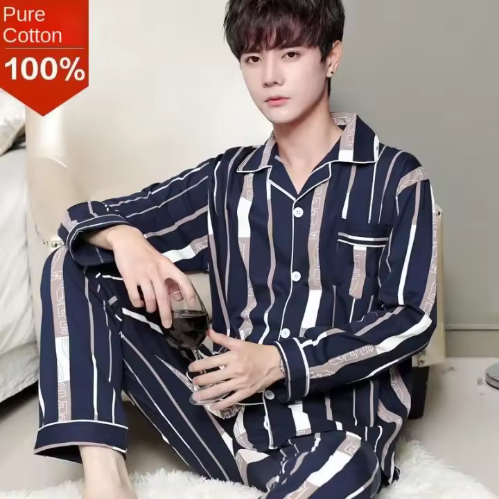 Ropa de hombre 100% algodón puro, pantalones de manga larga de otoño invierno, pijamas finos para personas de mediana edad y mayores, pijamas, - 1