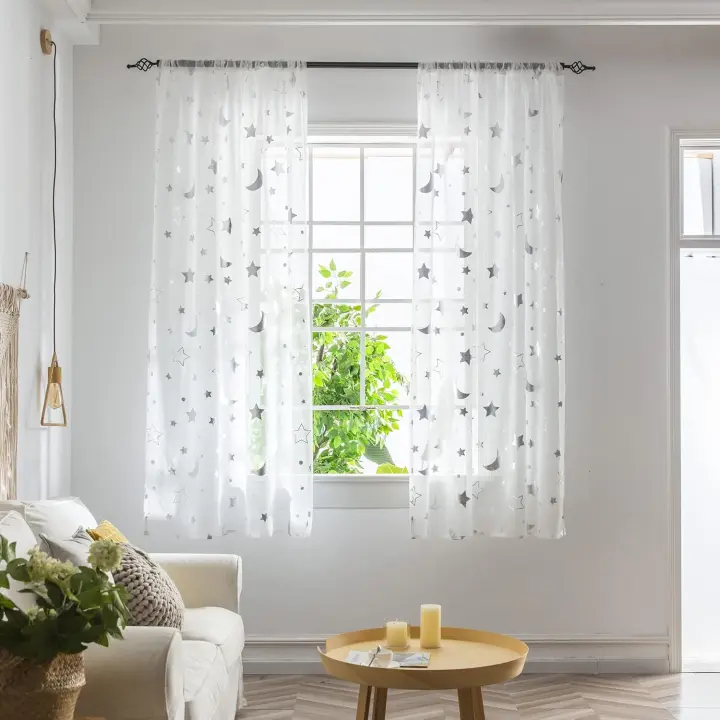 Cortinas de Gasa transparente con Patrón de estrellas y Luna, cortinas de Bolso de Varilla, 2 paneles, 100x130cm - 1