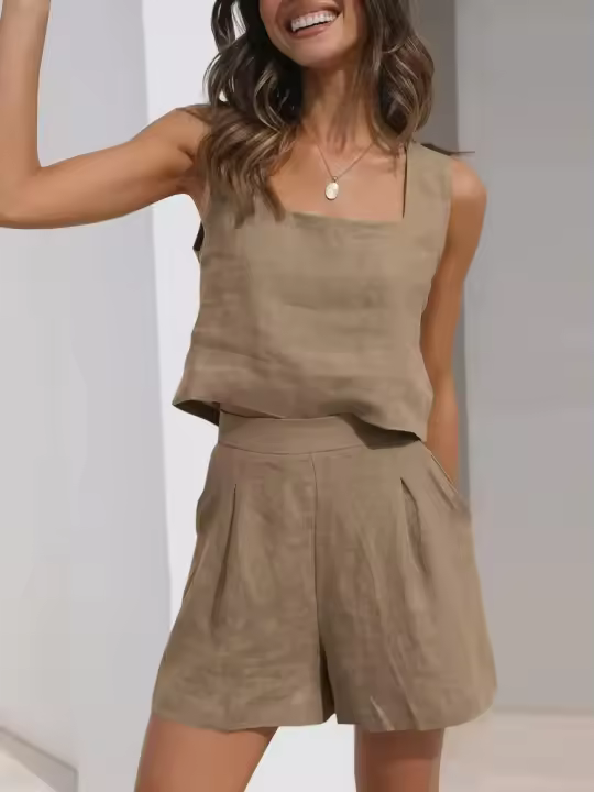 Conjunto Informal de Dos Piezas para Mujer Vestido de Vacaciones de Color Sólido sin Mangas con Bolsillos Pantalones Elegantes y Ancho de Pierna - 1