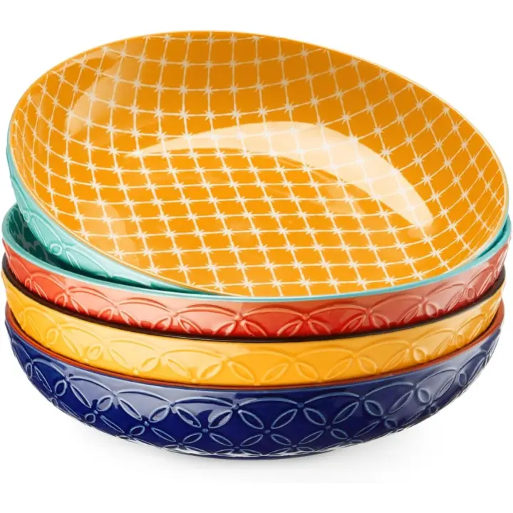 ‎ 21 x 21 x 5 cm Cuenco de Pasta de Colores Vibrantes, 1.89 L Ensaladera Grande Cerámica, Juego de Ensaladera Grande, Juego de Plato, Ensaladera, Plato de Fruta, para Sopas, Pasta, Blanco, Juego de 4 - 1