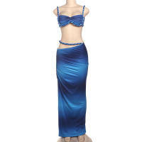 BUNO-Conjunto de 2 piezas de tejido para mujer, camisolas cortas plisadas lisas impresionantes + faldas largas de cintura alta, traje de vacaciones de tendencia femenina - details 70