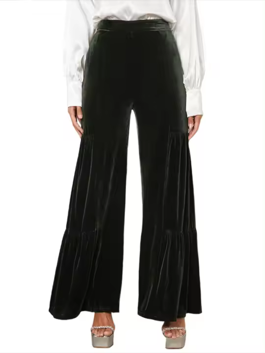 Pantalones sueltos elegantes con volantes de mujer, pantalones anchos de cintura alta de terciopelo dorado, - 1