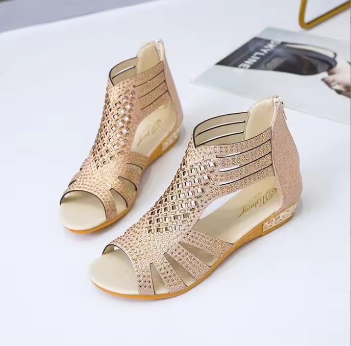 Sandalias planas romanas para mujer, zapatos de playa con diamantes de imitación, talla grande, negro y dorado, 42, 41, 40, 39 - 1