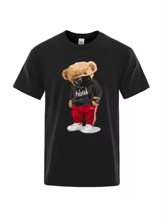 Camiseta de Oso con Máscara para Hombre Manga Corta y Media, Estampada, Moda Deportiva, Talla Grande, Verano, S a XXXL, 100% Algodón - 1