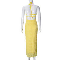 51618 Vestido largo de mujer sin espalda de tela plisada con personalidad nueva y transpirable con lazo de hoja de loto - details 4