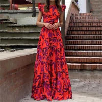 2025 Vestido con colgante de volantes largos y cuello redondo estampado para mujer con dopamina - details 2