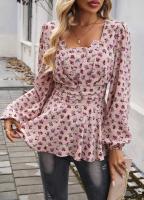 Top floral de manga larga para mujer, camiseta elegante con cuello cuadrado para ropa juvenil - details 10