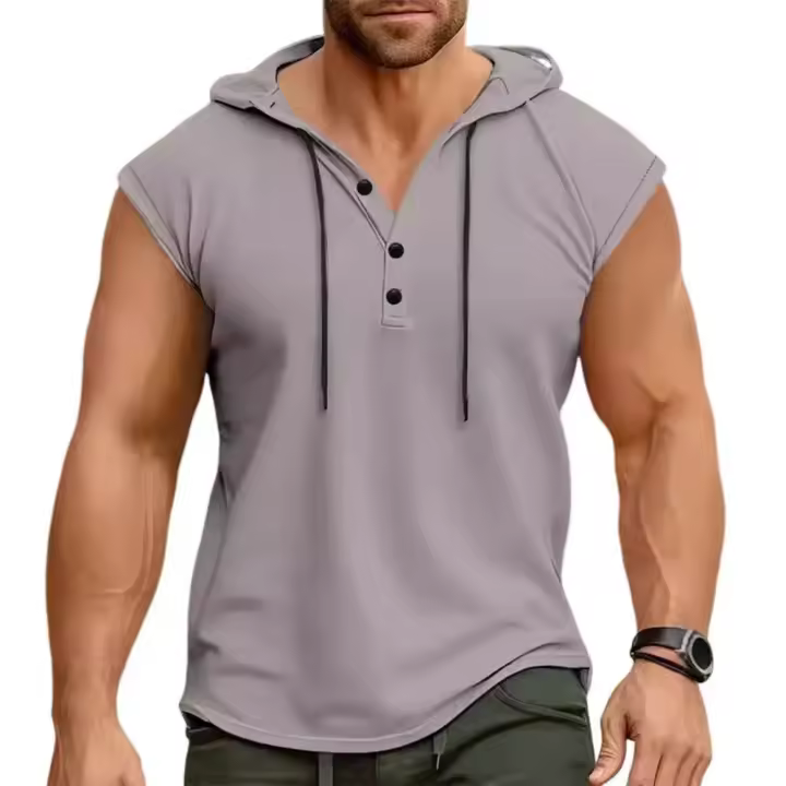 Chaleco Deportivo para Hombre con Capucha Camiseta sin Mangas con Cordón, Camiseta de Color Sólido con Correas Anchas para los Hombros - 1