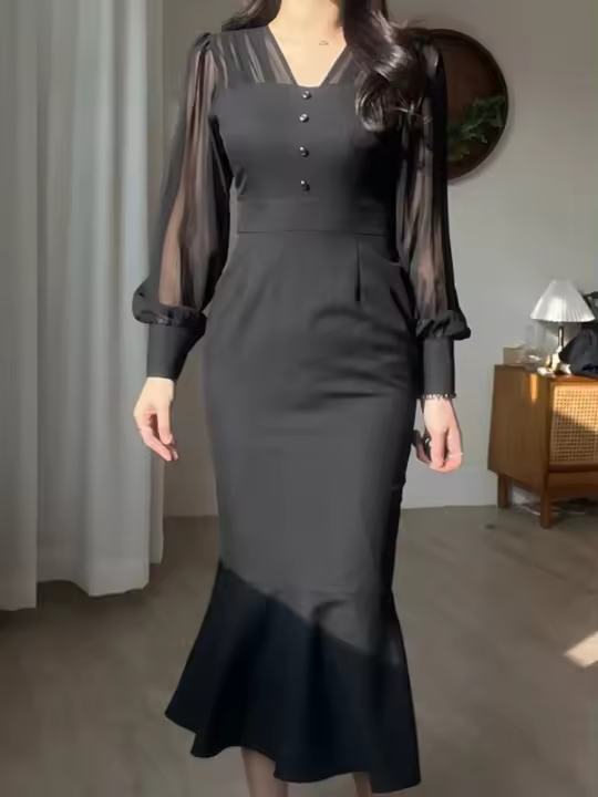 Vestido ceñido al cuerpo de malla elegante para mujer, bata Vintage ajustada para fiesta de cumpleaños, moda femenina coreana Chic, Vestidos de una pieza, ropa para Mujer - 1