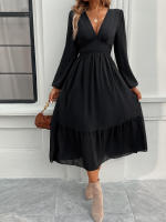 Vestido largo elegante de color sólido con cuello en V para otoño e invierno - details 13