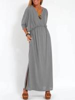 Vestido de verano nuevo de moda de color sólido con cintura alta y cuello en V dividido. - details 0