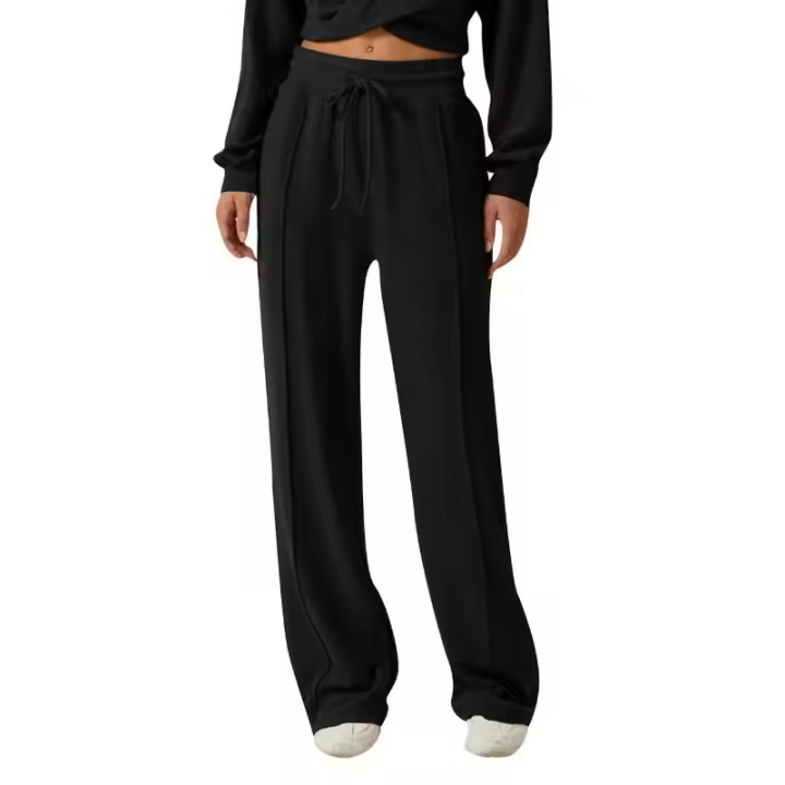 Pantalones de encaje con cintura elástica deportivos informales de pierna ancha para mujer, diseño de color sólido - 1