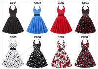 Vintage Women Summer Polka Dot Print Halter Party Dresses - details 1