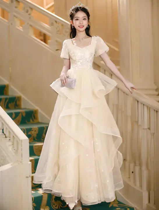 Elegante Vestido de Noche Champán Estilo Francés de Alta Gama Ligereza de Lujo para Mujeres - 1