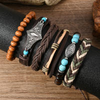 Conjunto de 6 pulseras boho madera cuentas vintage cabeza de toro ojos plumas multicapa artesanales regalos para hombre - details 3