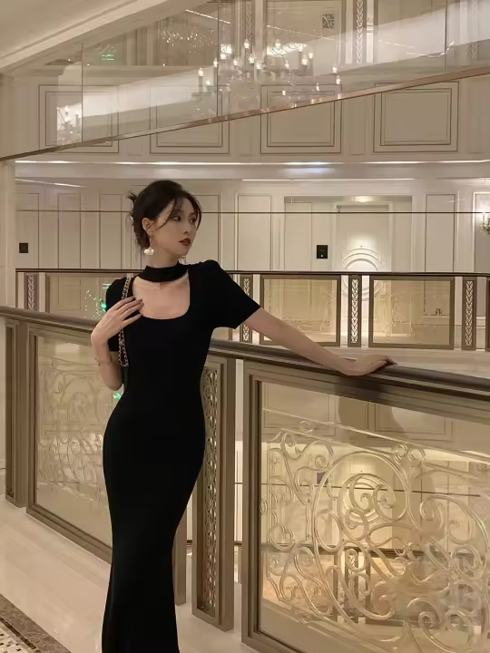 Regalo de cumpleaños ligero vestido estilo Hepburn, vestido de cola de pez negro francés de nicho de lujo ligero de alta gama para mujer - 1