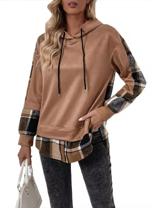 Sudadera con capucha de malla marrón holgada y cálida para mujer en - 1