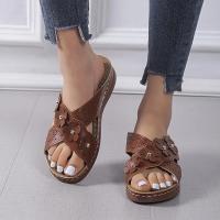 Women Floral Decor Cross Strap Slides Shoes Open Toe Low Wedge Sandals Hollow Out Solid Color Slippers - details 4