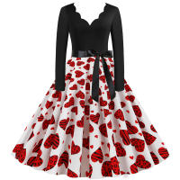 Women plaid print long sleeve vintage a line party dress v neck - details 129
