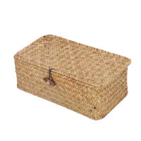 Cesta de estante de almacenamiento hecha a mano con tapa, organizador de maquillaje tejido de ratán Rectangular, contenedor multiusos, caja Natural - details 0