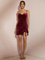 Vestido de tirantes de terciopelo de color liso con volantes irregulares - details 5