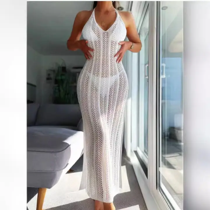 Vestido Mujer Verano 2025,Tirantes al Cuello con Transparencia y Encaje Sexy ,Espalda Descubierta Ajustado para Playa/Fiesta/Noche,Tela Elástica Estiliza Figura - 1
