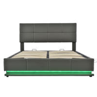 Cama de Almohada Tapizada 160 x 200cm LED, Rejilla Metálica, Caja de Cama, Doble Cama con Soporte de Cabeza Ajustable y Espacio de Almacenamiento Hidráulico Gris (Sin Colchón) - details 13