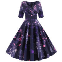 Women floral print casual half sleeve elegant vintage party dress - details 11