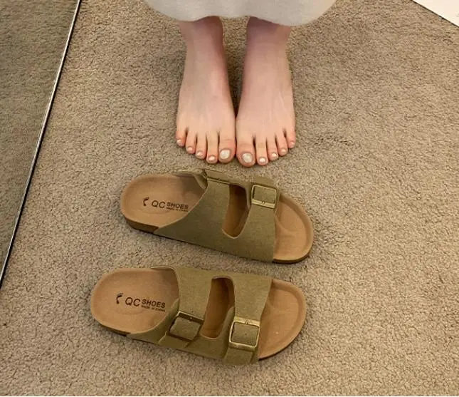 Sandalias planas mujer solapa+talla con suela de corcho beige verde 42 41 40 - 1
