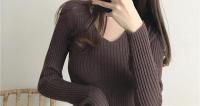 Suéter Sexy ajustado con cuello en V para mujer Manga larga de punto con parte inferior suave - details 38