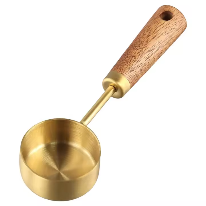 Cuchara medidora dorada de acero inoxidable con mango de madera, cuchara medidora para el hogar, Café en polvo, leche en polvo, condimentos, salsas, 10ml - 1