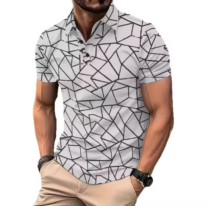Polo de manga corta con estampado geométrico 3D a rayas personalizado informal para hombre nuevo de primavera y verano - 1