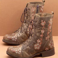 2025 Botas Martin bordadas con estampado retro para mujer, tacón cuadrado, colores combinados, botas individuales, Ethni - details 1