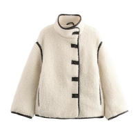 TRAFZA-chaquetas cálidas para mujer, abrigos gruesos de manga larga con cuello redondo, de una sola botonadura, a la moda, para invierno, 2024 - details 1