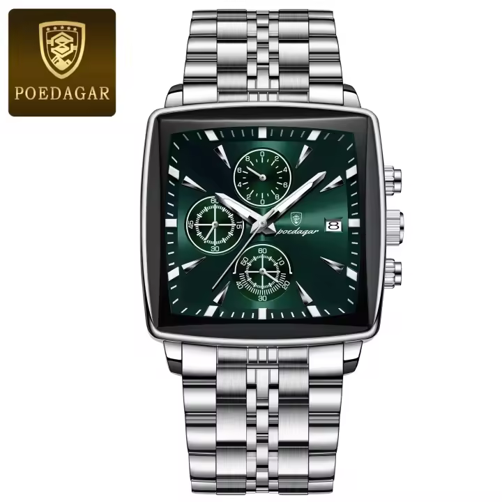 POEDAGAR Reloj cuadrado para hombre, cronógrafo luminoso resistente al agua, calendario, reloj de pulsera para hombre, relojes de cuarzo de acero inoxidable para hombre + caja - 1