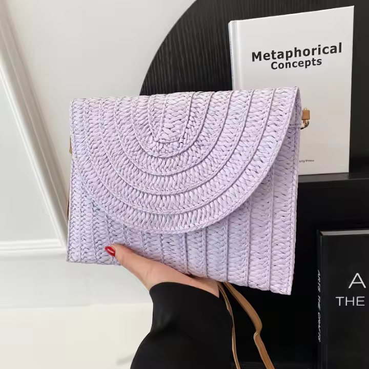 Bolso cruzado de hombro tejido de paja para mujer, bolso de mano de playa, bolsos de sobre hechos a mano informales de verano - 1
