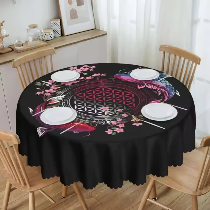 Mantel circular mandala, flor de loto de la vida, impermeable, resistente al aceite, 60 pulgadas, forma geométrica sagrada - 1