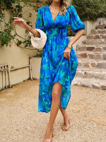 Vestido de verano de estilo callejero para mujer, traje elegante y Sexy con cuello en V, estampado de flores, mangas farol, largo, 2024 - details 11