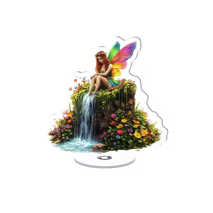 Exhibición acrílica giratoria con una hada arcoíris realista sobre una cascada vibrante con flores intrincadas y colores brillantes sobre un fondo blanco limpio. - 1