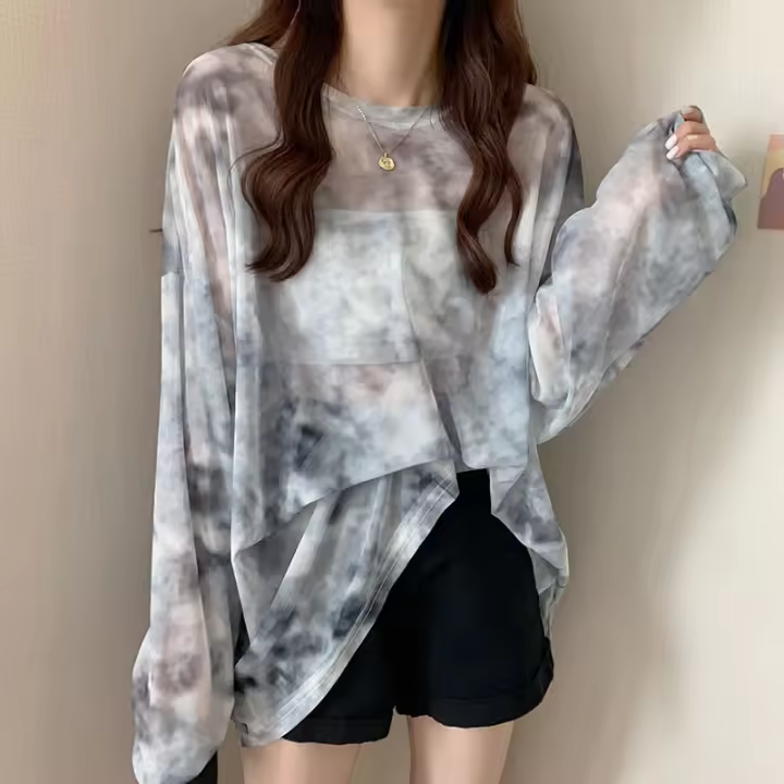 Camiseta de Malla Tie-Dyed Cuello Redondo, Manga Larga, Tejido de Seda de Hielo, Protección Solar, Prendas de Verano para Mujeres - 1
