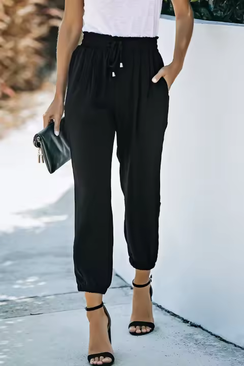 Elrachen Joggers de cintura fruncida con cordón para mujer, color negro sólido, tallas XS-2XL - 1