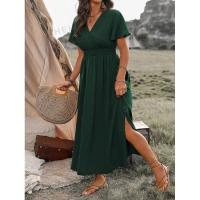 Vestido largo de verano 2024 de color sólido con cuello en V, manga acampanada, cintura elástica, adelgazante y con abertura. - details 28