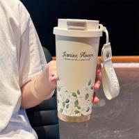 Termo portátil de acero inoxidable con diseño de flores, a prueba de fugas, capacidad de 500 ml, con pajita, doble pared, para viaje y uso en el coche. - details 8