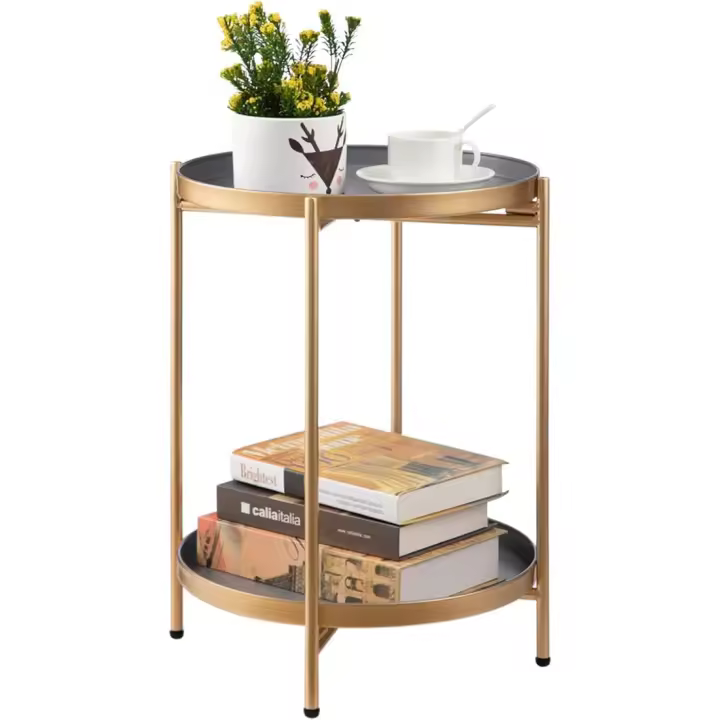 Mesa Auxiliar Redonda de Metal de 2 Niveles 37x 37x 48.5 Ideal para Café, Té, Sala de Estar, Dormitorio, Balcón, Patio Gris Dorado - 1