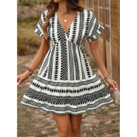 2024 nuevo vestido de vacaciones informal de verano con estampado geométrico y cuello en V y manga caída para mujer 1 - details 7