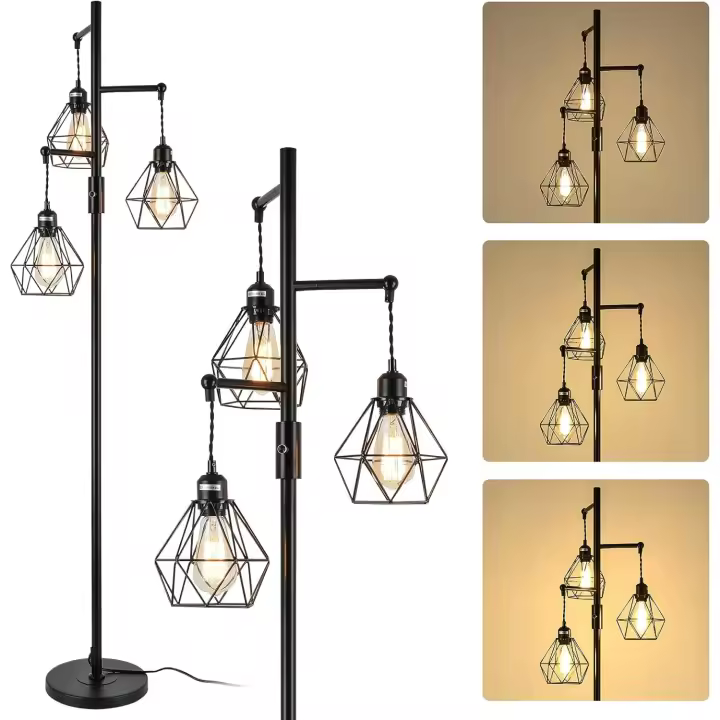 Lámparas de pie industriales regulables Lámpara vintage de 3 luces con pantallas de jaula de diamante Negro metal, E27 Lámpara de pie alta para sala de estar, dormitorio - 1