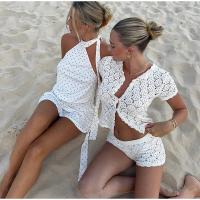 Conjunto de camisa de punto con cuello redondo para mujer, traje elegante de ganchillo con agujeros, pantalones cortos de cintura alta, trajes de vacaciones para mujer, verano - details 14